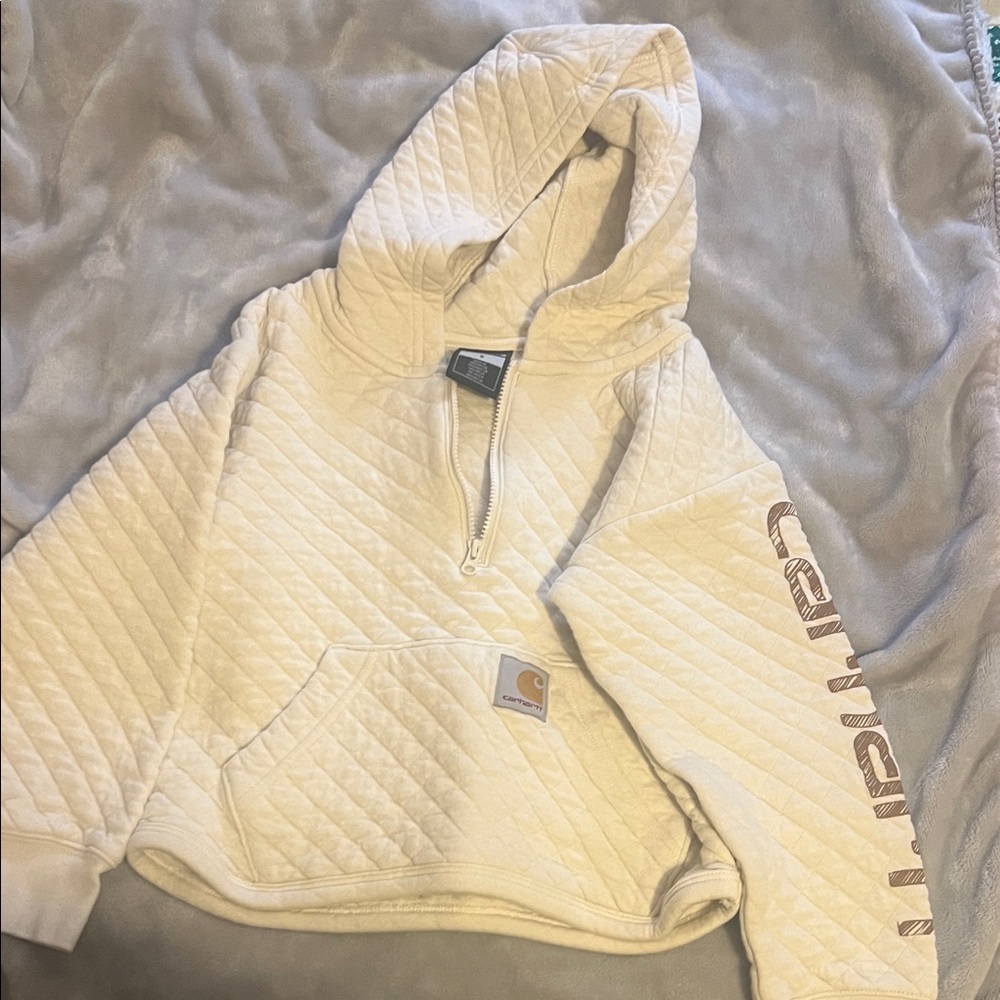 Carhartt Cream Quilted Half-Zip Hoodie with Sleeve Print